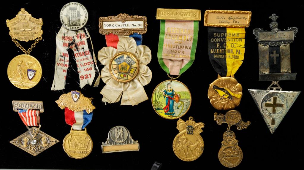 Vintage Fraternal Organization Pins, Medals & More: Medals and pins for various fraternal organizations and more including POS of A (Patriotic Order Sons of America); LOOM, FOO, Charis, souvenir medals and more.