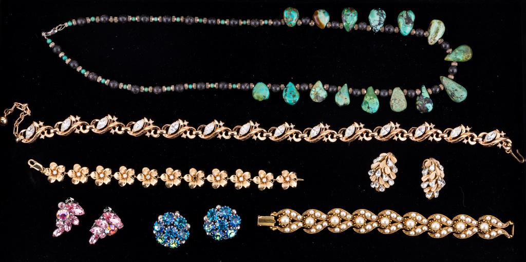 Crown Trifari, Weiss & More Costume Jewelry: Lot of seven includes pair of Crown Trifari gold tone and clear rhinestone earrings, two pairs of Weiss earrings, Artcraft bracelet, beaded turquoise necklace, Florenza bracelet and more.