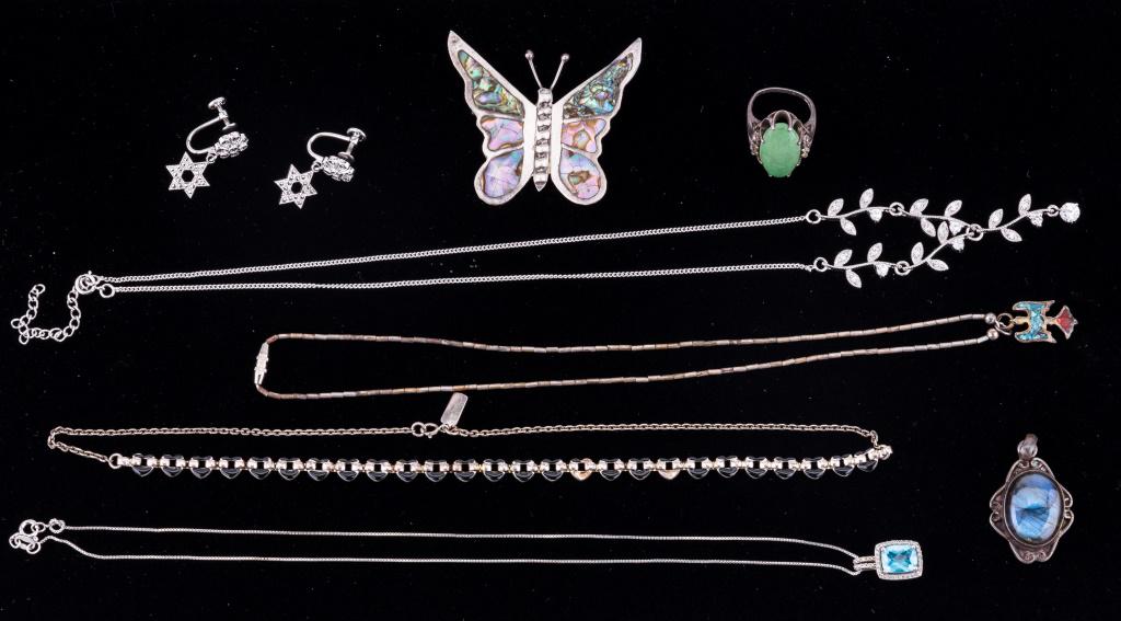Sterling Silver Necklaces, Ring, Pendant & More: Four necklaces including one with blue topaz stone, mother of pearl butterfly, star screwback earrings, labradorite pendant and more.