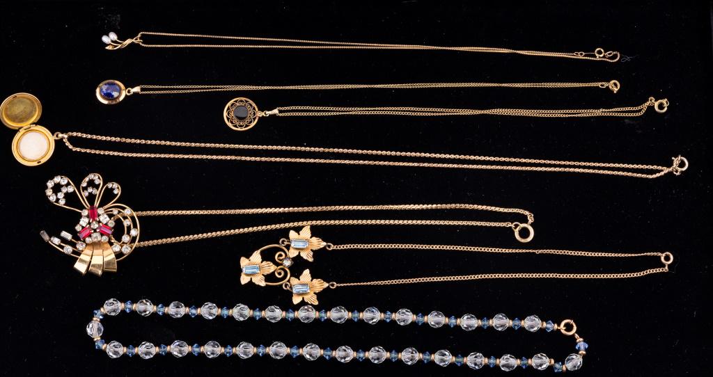 Onyx, Lapis, Pearl & More Gold Filled Jewelry: Gold filled jewelry including real onyx, lapis, pearl. There is also a monogrammed locket (opens and closes well). Red rhinestone pendant marked M&S and more.