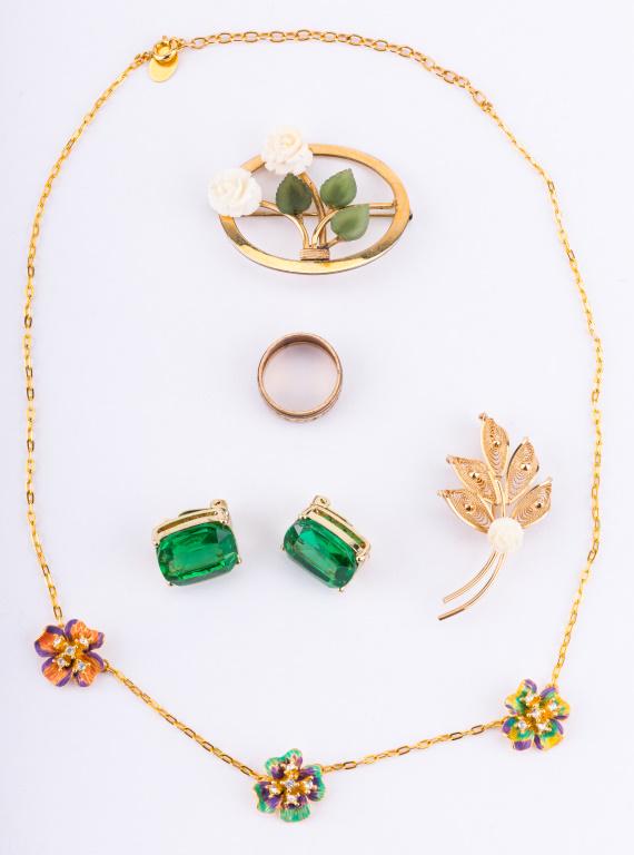 Joan Rivers Costume Jewelry & More: Joan Rivers necklace, WRE brooch with jade, green glass clip earrings, ring (size 5).