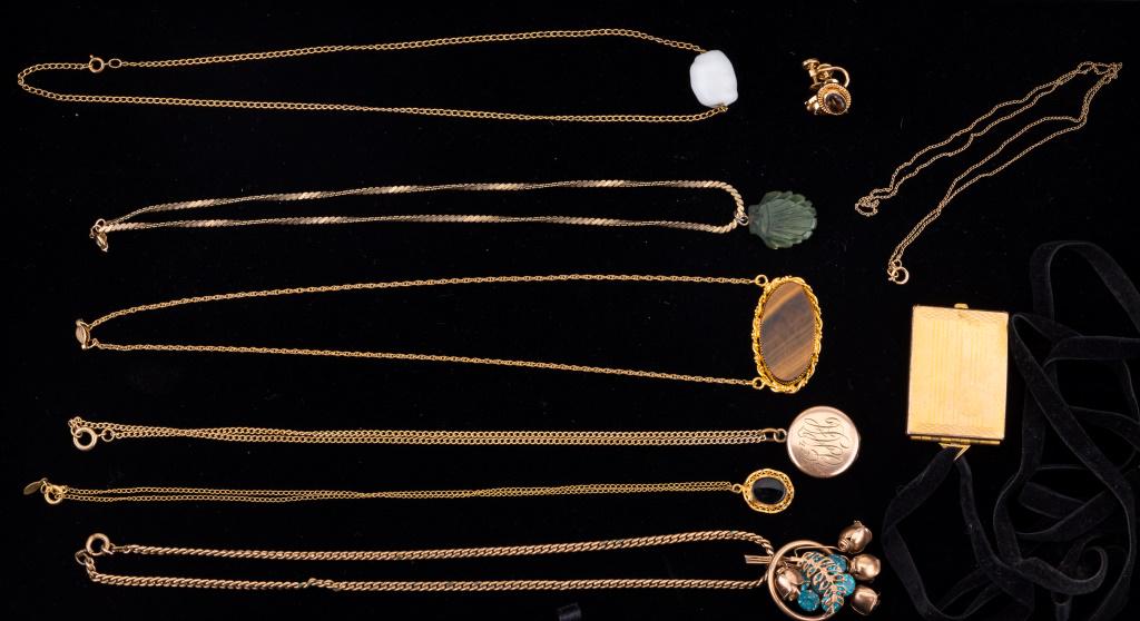 Jade, Onyx, Citrine & More GF Necklaces: Gold filled necklaces including monogrammed locket and another (opens and closes well), nephrite jade, onyx and more. There are also a pair of citrine screw back earrings and more.