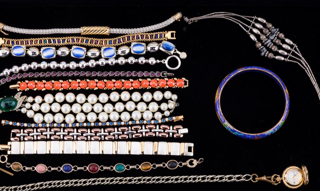 Vintage Bracelets & Watch / Chain: Blue Cloisonne bangle, blue and white tennis bracelet tests in the range of aquamarine, semi precious scarab bracelet, Columbia mini Swiss made pocket watch with chain, Marvella faux pearls, LCI coppe