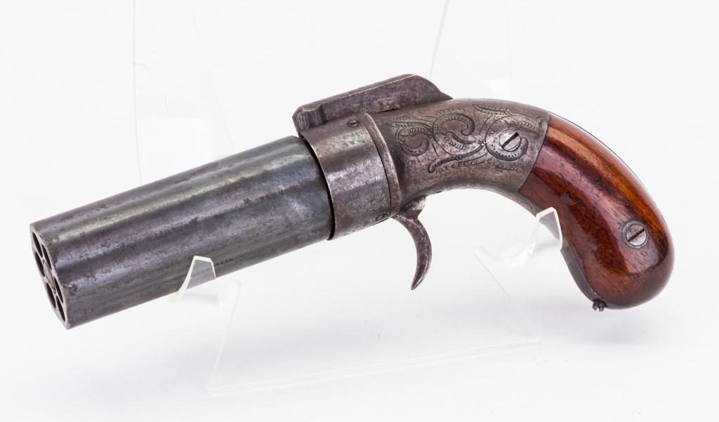 Antique MANHATTAN 6-Shot Pepperbox Revolver: Manhattan Firearms 6 shot pepperbox revolver, made Antebellum. Action works well, and there is engraving on the metal in the handle. Gun is approx. 7.5" long, and the housing for the 6 barrels is appr