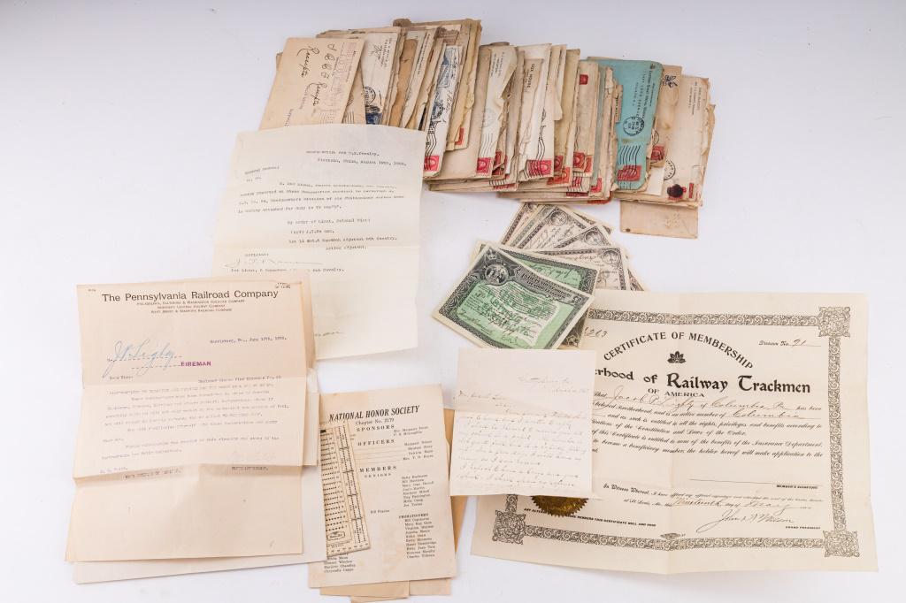 Vintage Ephemera & Letterheads: 60 pieces of antique and vintage ephemera including letterheads, letters, correspondences from the early 1900s. Topics include railroad, school, fraternal and military.