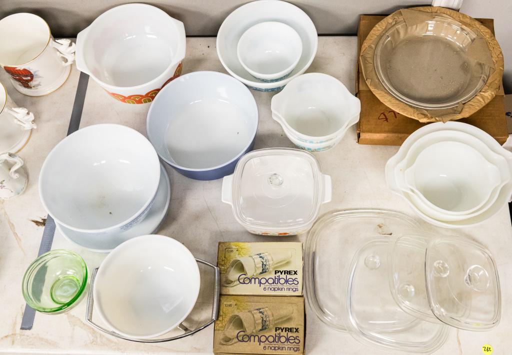 Pyrex & other Kitchen Mixing Bowls: Pyrex pieces include seven different pieces in various styles, 3 Fire King plain white nesting bowls, two MCM style matching bowls, a Corningware covered dish with flowers, 2 Pyrex dishes in original