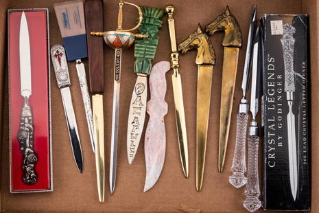 Letter Opener Collection w/Godinger: Letter openers include Acapulco nephrite jade tiki with blade marked Alpaca Mexico, Toledo sword, Norwegian pewter letter opener with elves, two brass horses, stone, three "Crystal Legends" by Godinge