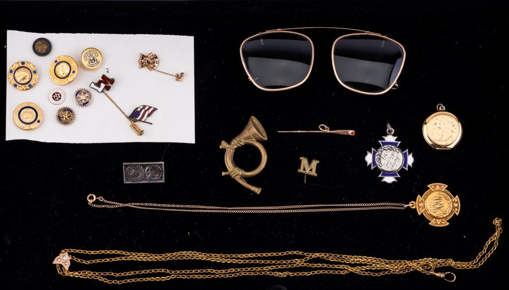 Fraternal Jewelry, Fobs and More: Fraternal pins (12 pc.), Men's sliding watch chain, a "Mary's Home" medal gold plated from 1918, a small brass "M" pin, a brass bugle emblem, a sterling "Mary's home" Maltese cross with sterling and e
