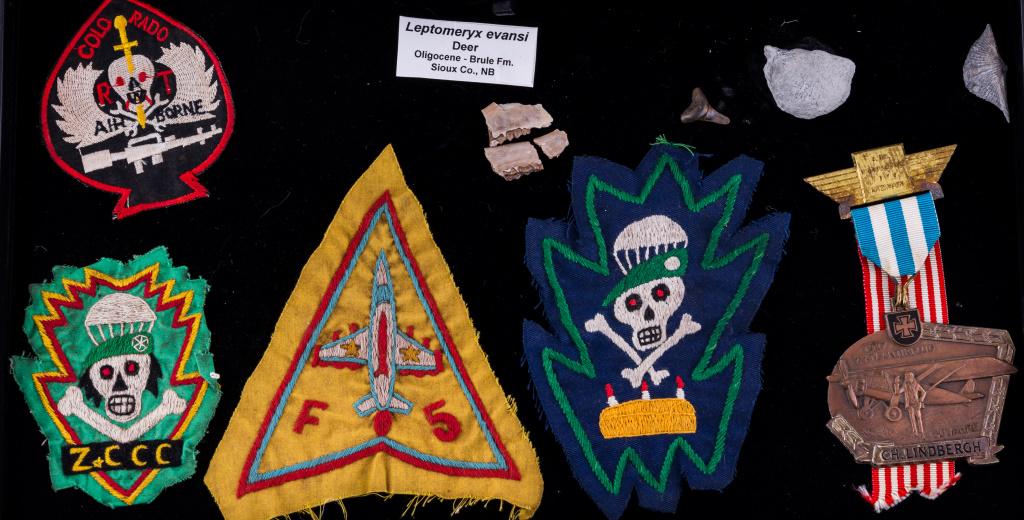 Vintage Military, Patches & Fossils: Four Vietnam era patches and one Charles Lindbergh model from 1977; fossils include deer teeth, shark tooth and two sea shell fossils.