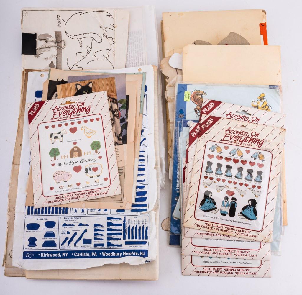 Vintage Stickers & Patterns: Box of vintage vintage stickers and sewing patterns, carbon paper, ephemera and more. 50+ pieces.