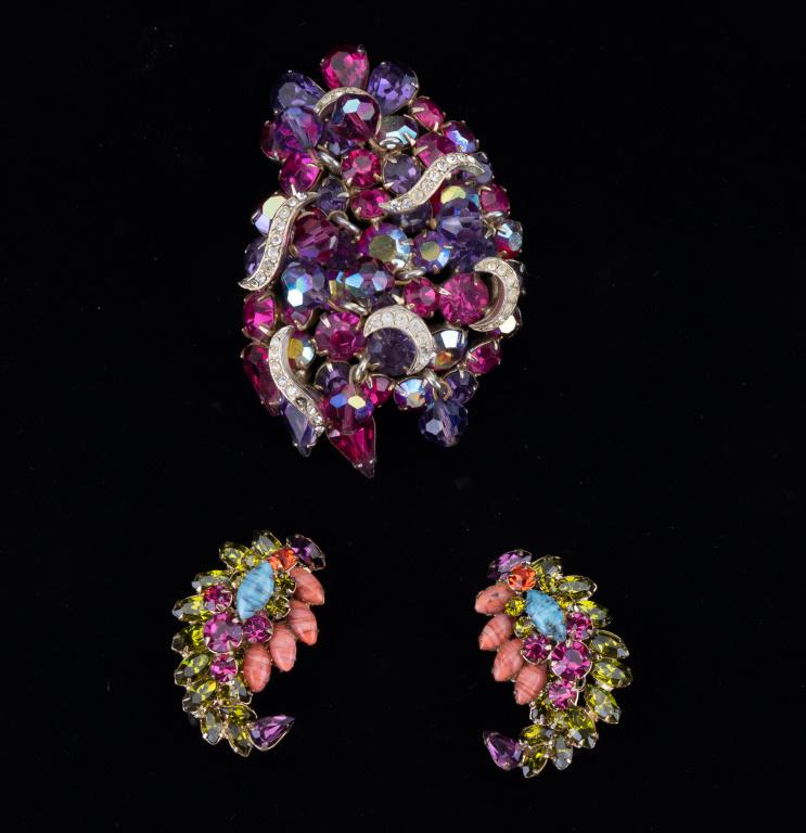 Kramer & Vogue Costume Estate Jewelry: Large hot pink to purple brooch signed Kramer also includes signed Vogue earring in various colors.