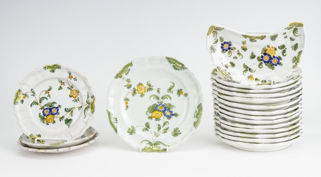Cantagalli Pottery Glazed Delft Partial Service: Cantagalli signed pottery partial dinner set including 1 plate approx 8.5" diam, 2 plates approx 7" diam (1 with 1/2" rim chip on top), 1 plate approx 6.5" diam with 1/2" rim chip on top, and 16 bone 