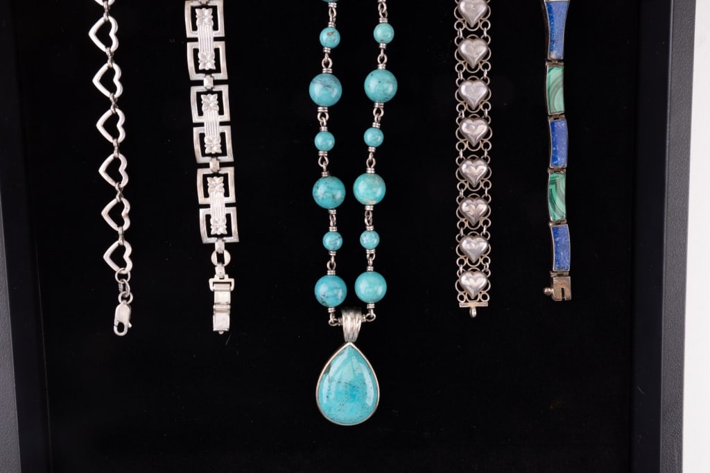 Sterling Silver, Turquoise, Lapis & More Jewelry: Four bracelets and a turquoise necklace. Turquoise necklace measures approx 34" L. There are also four bracelets including one with lapis and malachite.