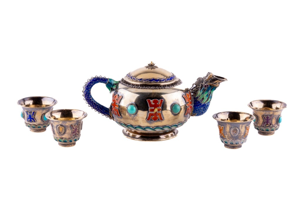 Chinese Silver Enameled Teapot w/ Four Cups (1 of 8)