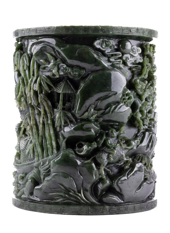 Ornately Carved Spinach Jade Cylinder/ Brush Pot (1 of 5)