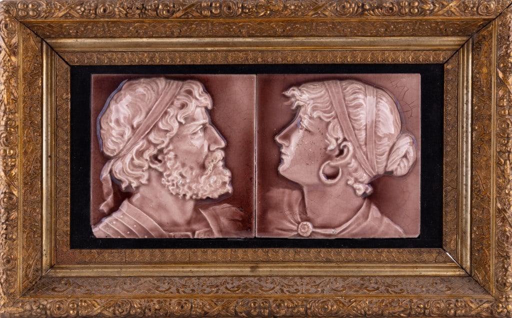 Framed Porcelain Tile Plaque of Man and Woman (1 of 4)