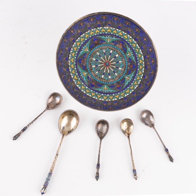 Russian Sterling & Enamel Compote and Spoons (1 of 9)