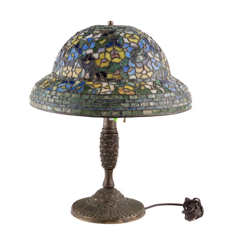 Signed Bronze Leaded Glass Lamp w/ Shade (1 of 9)