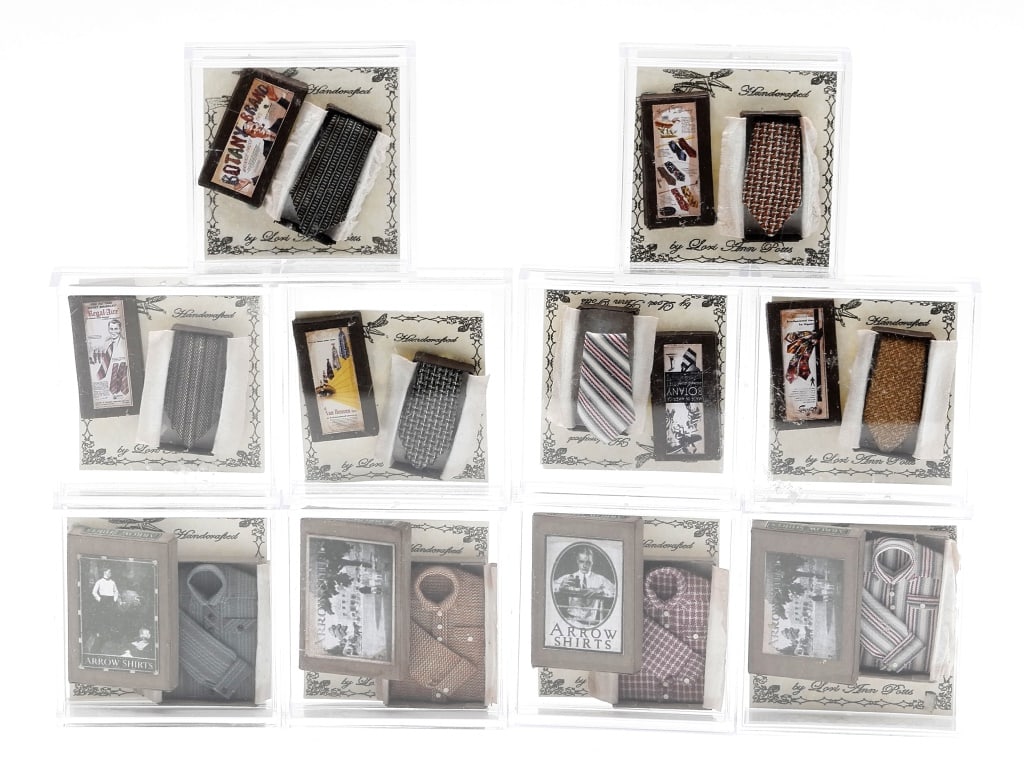 Lori Ann Potts Men's Clothing Miniatures: Lori Ann Potts men's clothes with original advertising boxes in original plastic cases, includes four shirts and six ties. Dollhouse miniatures. Very good used condition.