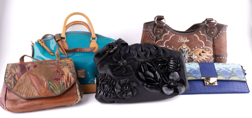 Dooney & Bourke, Brighton & More Hand Bags: Lot of of 5 hand bags with names including a blue Dooney & Bourke, black leather Brighton, blue Valentino clutch, Sharif colorful bag and another (unsigned). See photos.