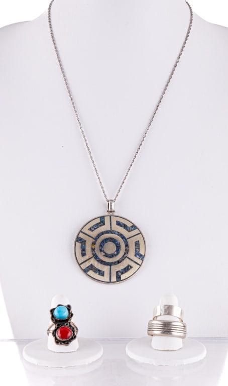 Sterling Taxco Necklace & Rings: Lot includes a Taxco Mexicao sterling silver necklace (approx 23" L) and three rings including a sterling ring with turquoise and coral (size 7.25), sterling wedding band (size 10.5) and another unmar