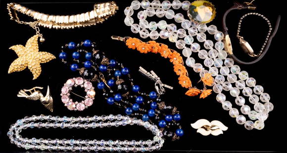 Weiss, Trifari & Estate Jewelry: Highlights include Trifari gold tone necklace and white enamel clip earrings, Weiss large pink brooch, Coro large starfish brooch, necklace with lapis, crystal necklaces, Hamilton watch and more.