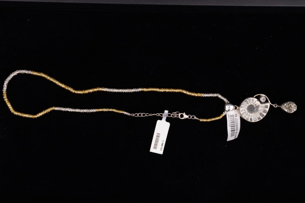 Sterling Gold Drusy Nautilus Shell Necklace: Sterling silver nautilus pendant with pyrite style drusy and an aquamarine stone. Pendant on necklace with clear and lemon yellow glass stones