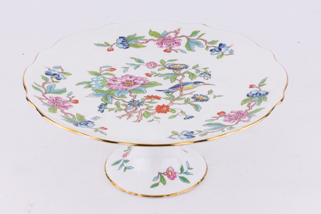 Aynsley Hand Painted Cake Plate: Aynsley Pembroke fine English bone china cake dish, approx 10 1/4" dia x 4.5" H. Birds and flower pattern.