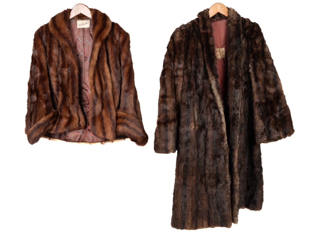 Vintage Fur Cape & Fur Coat: Vintage fur includes Hecht Co. fur cape with satin lining, inside straps, monogrammed, hook and eye closure and has hand holes. Also includes Charles H. Bare & Co, York PA fur coat with satin lining s