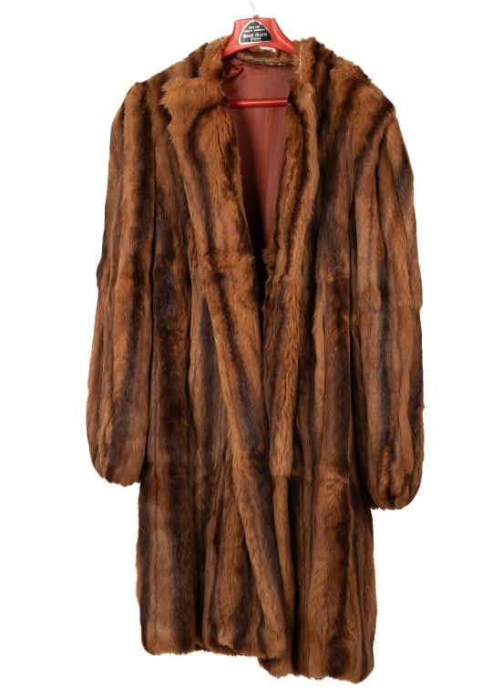 Vintage Fur Coat: Vintage fur coat with pockets, lining with embroidery and monogram. No size, unmarked maker. There is some separation around the back collar.