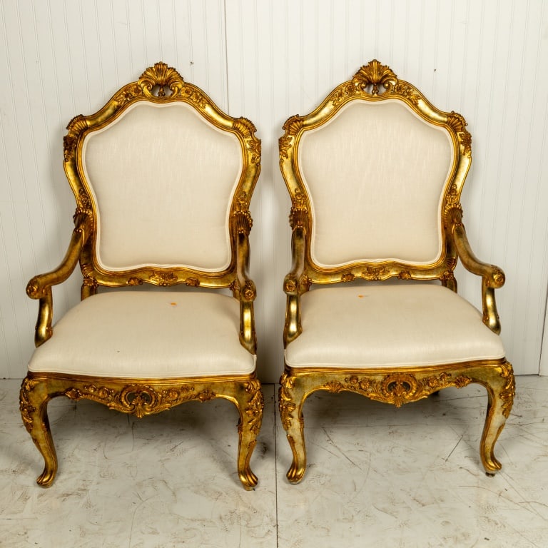Pair of French Style Oversize Armchairs: Upholstery clean, in good condition.