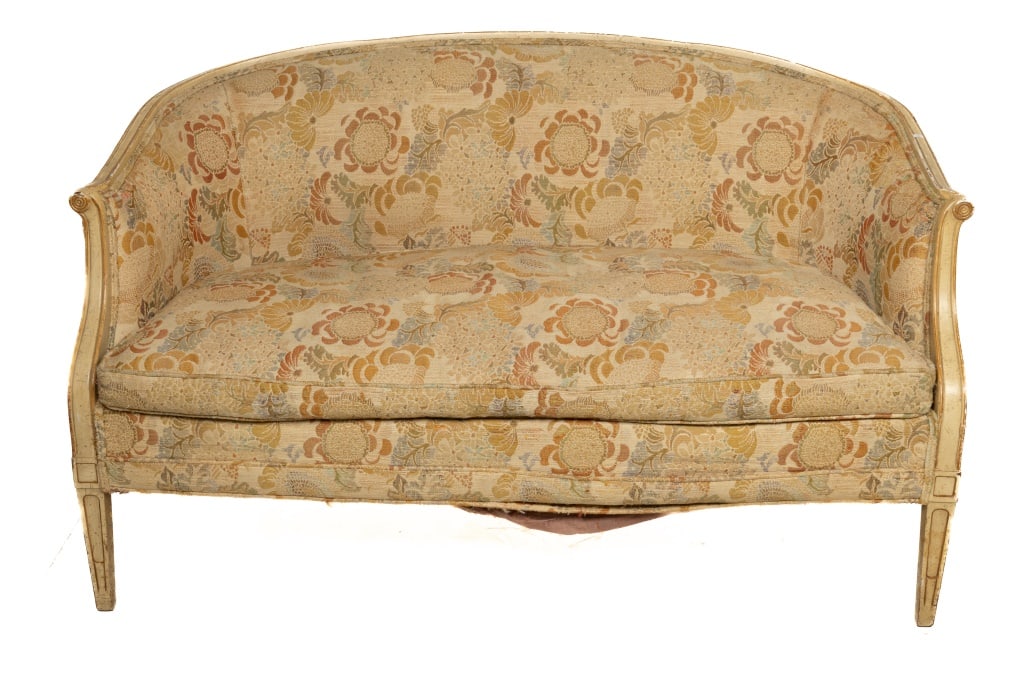French Style Settee: Upholstery in fair to poor condition, cushion is hard in places. Approx 32H x 55W x 31D.
