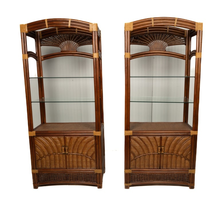 Pair of Bamboo Frame Bookshelves: Four glass shelves.