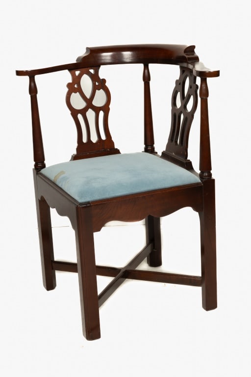 20th C Mahogany Corner Chair: Blue upholstered seat.