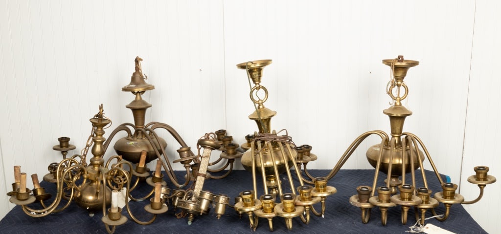 3 Matching Brass Chandeliers and Another: EAch with 8 branches and measuring approx 23" H x 36" dia. Matching set of 3 plus another 18" H x 26" dia.