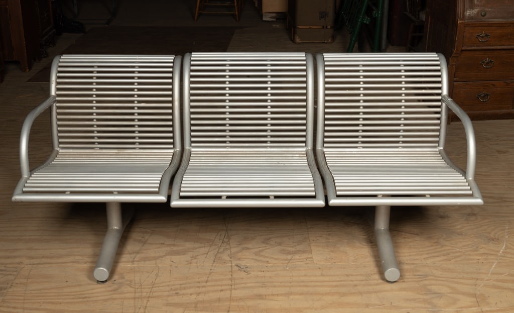 MCM Commercial Steel Park Bench: Large commercial steel 3 person park or public style seating / bench circa 1950 will need special shipping arrangements / pick up preferred.