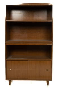 MCM Bookcase with Bottom Cabinet: Mid Century Modern design 2 piece cabinet approx 54" H x 30" W x 15.75" D.