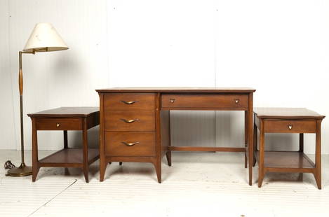 Drexel Mid Century Desk and End Tables: Tag reads Genuine Mahogany with leather top on desk. Also includes a MCM Floor Lamp. Desk approx 29.5" H x 50" W x 24" D