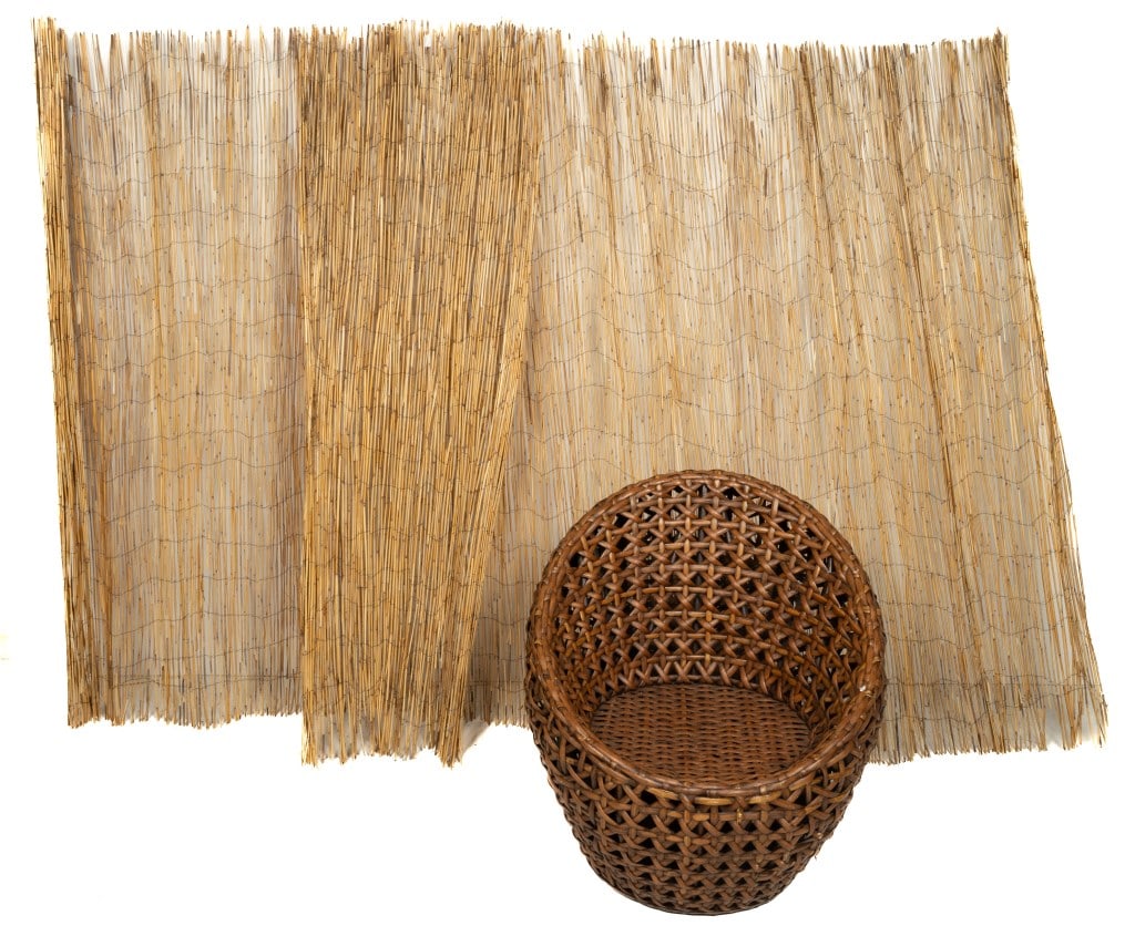 Rattan Egg Chair w/ Bamboo Screening: Screen approx 73" H x 6-8 ft long.