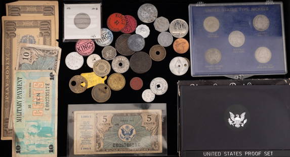 Antique and Vintage U.S. Coins & Tokens: Includes various military payment and play money as well as United States nickels, 1974 Proof Set (w/ original box), God and Country Coins. There are also a variety of tokens.