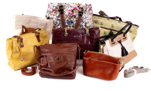 Brighton, Italian & More Designer Purses: Lot of 8 purses with names Margot, Divina Firenze Italy, Brighton #E887118, Nine West, Anne Klein, Tommy Bahama Nahui magazine bag and Palmer Smith fox.