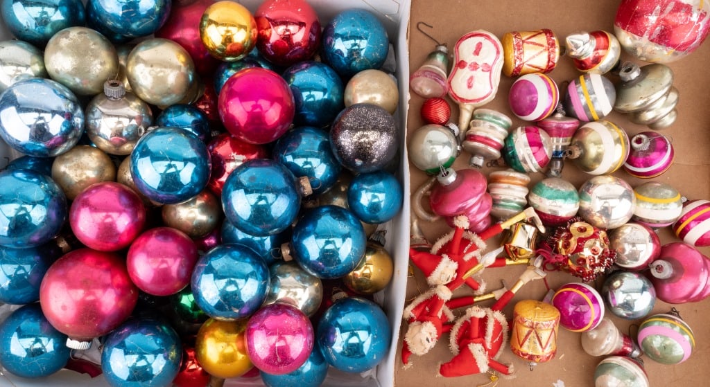 70+ Antique Christmas Ornaments: Over 70 antique Christmas ornaments including 40+ single colored balls, 30+ figural and multi colored and 3 ice skating elves.