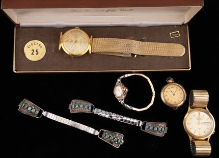 Ladies & Men's Watches: Hamilton Electra wristwatch with original box, Lady Elgin pocketwatch, men's Bulova Accutron Wristwatch (wound tight), Louis 17 Jewels Swiss Made ladies wristwatch, and two stainless steel watch bands
