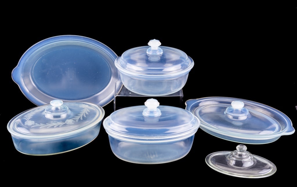 H.C. Fry Rochester PA Opalescent Casserole Dishes: H.C. Fry Rochester, Pennsylvania opalescent casserole dishes includes 3 complete casserole dishes including 8.5" round casserole, 8.5" round casserole with lid, 9.5" x 7" x 4" covered oval casserole w