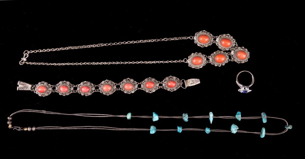 Turquoise, Coral & Tanzanite Jewelry: Ornate sterling silver .925 coral cabochon necklace and bracelet set, Native American turquoise chunk necklace with unmarked silver and a sterling ring with tanzanite (size 5.5).