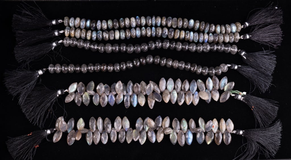 Fancy Labradorite Strands: Six opal hue fire labradorite single and multi strands in as found condition - one strand has minor loss.