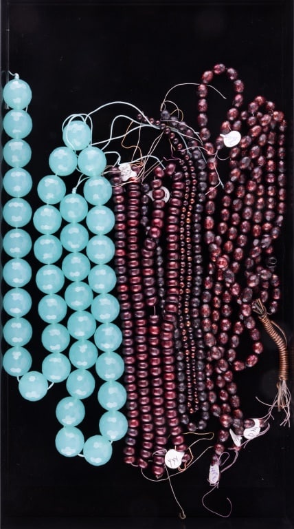Beaded Necklaces / Strand Jewelry: Large amount of garnet colored enhanced pearl strands and chunky faceted blue ball strands.