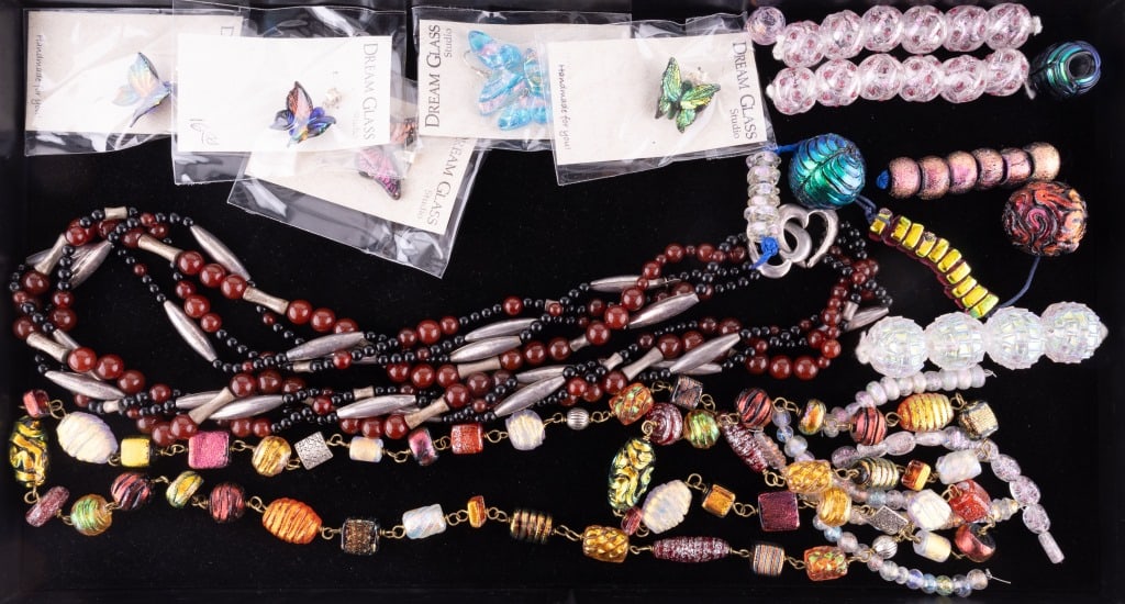 Vintage Jewelry w/ Beads, Butterflies: Sampling includes multi-strand carnelian and onyx twisted bead unmarked silver large double heart necklace closure necklace with silver unmarked tubular bead accents, Venetian art glass necklace ad ch