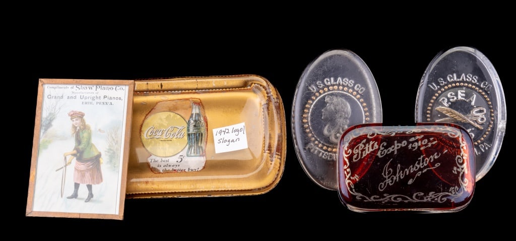Antique & Vintage Advertising Paperweights: Lot of 5 antique and vintage advertising with 4 paperweights including a 1942 logo / slogan Coca Cola (approx 6.5"), U.S. Glass Co PSEA 1905 Pittsburgh Pennsylvania (2 different), Johnston Pitts Expo