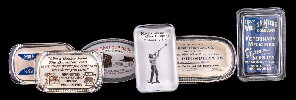 Antique & Vintage Advertising Paperweights (6): Lot of 6 advertising paperweights including Pan-Dandy Bread, Bernstein Manufacturing Company Philadelphia, Macbeth-Evans Glass Company Pittsburgh Pennsylvania, Dr. Willis A. Myers & Company Veterinary